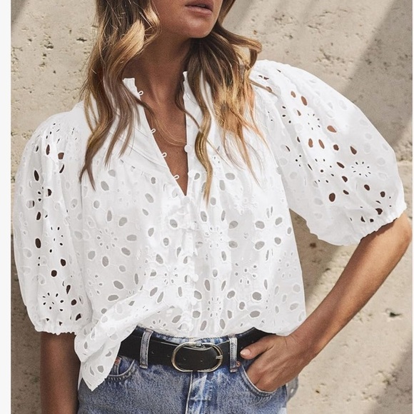 Pretty Garden Tops - Pretty Garden Eyelet Short Lantern Puffy Sleeve  Blouse White Size Medium